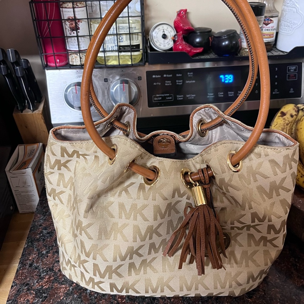 Michael Kors Beige Logo Shoulder Bag with Tan Accents